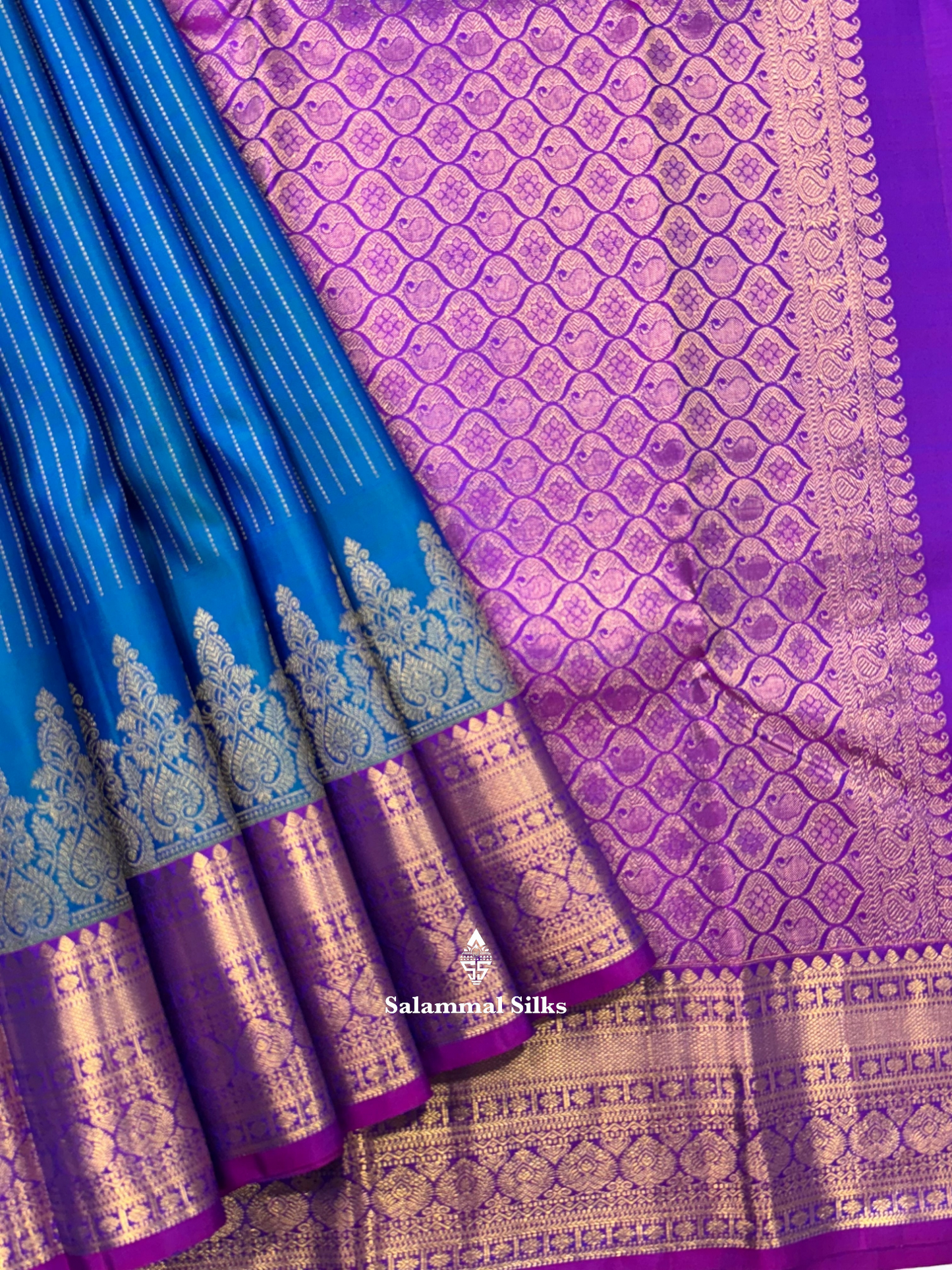 Kanjivaram Beautiful Peacock Blue Gold Zari Lines Pure Silk Saree With Vadamalli Border