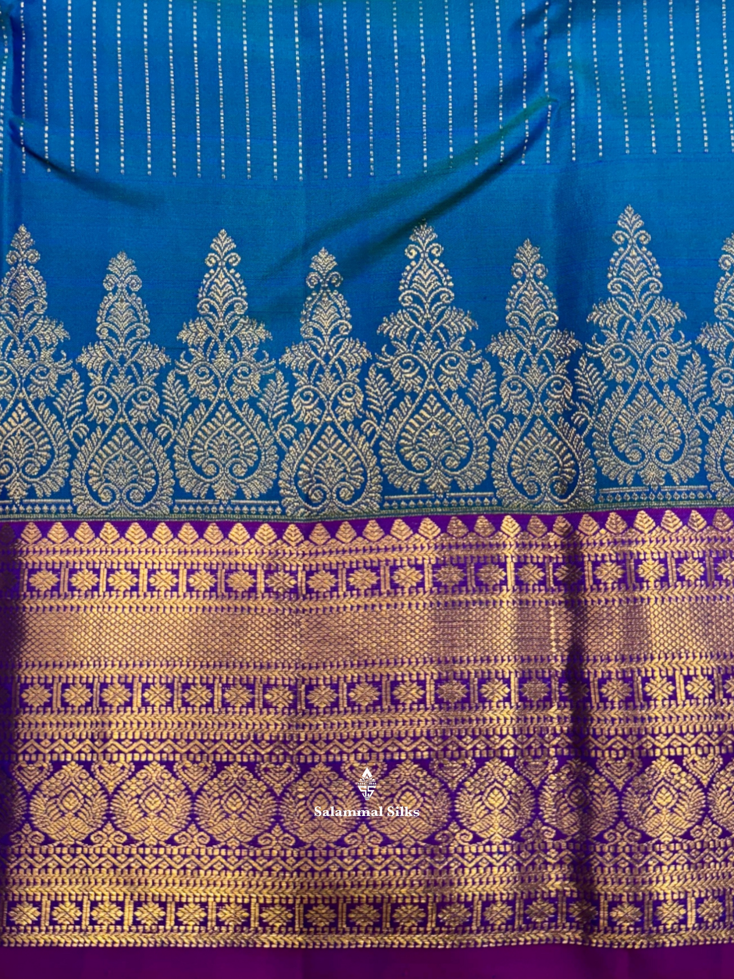 Kanjivaram Beautiful Peacock Blue Gold Zari Lines Pure Silk Saree With Vadamalli Border