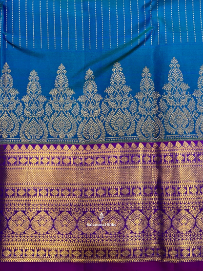 Kanjivaram Beautiful Peacock Blue Gold Zari Lines Pure Silk Saree With Vadamalli Border