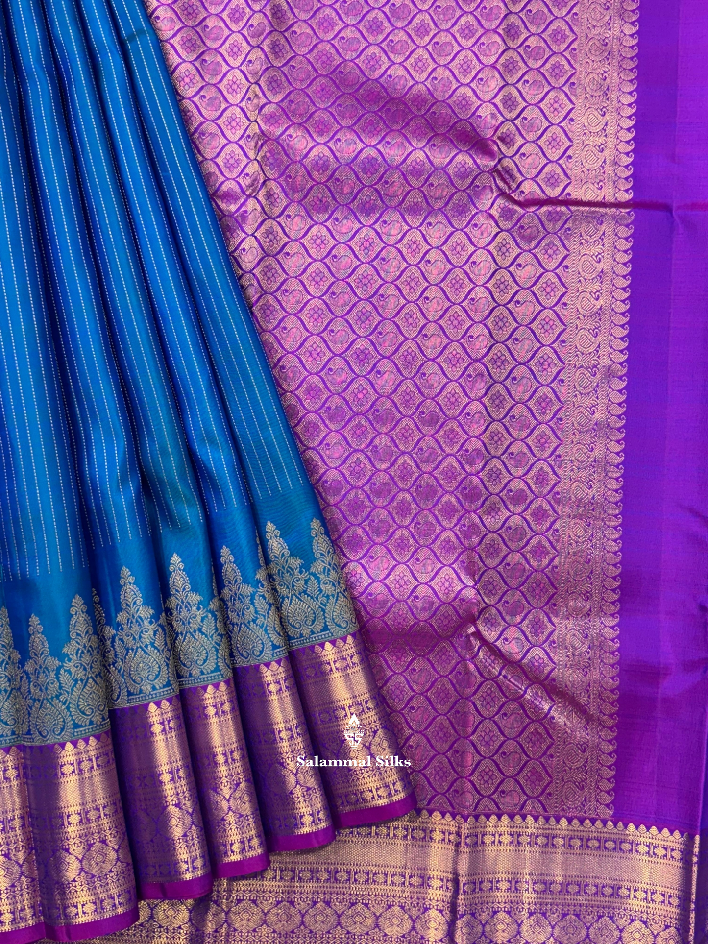 Kanjivaram Beautiful Peacock Blue Gold Zari Lines Pure Silk Saree With Vadamalli Border