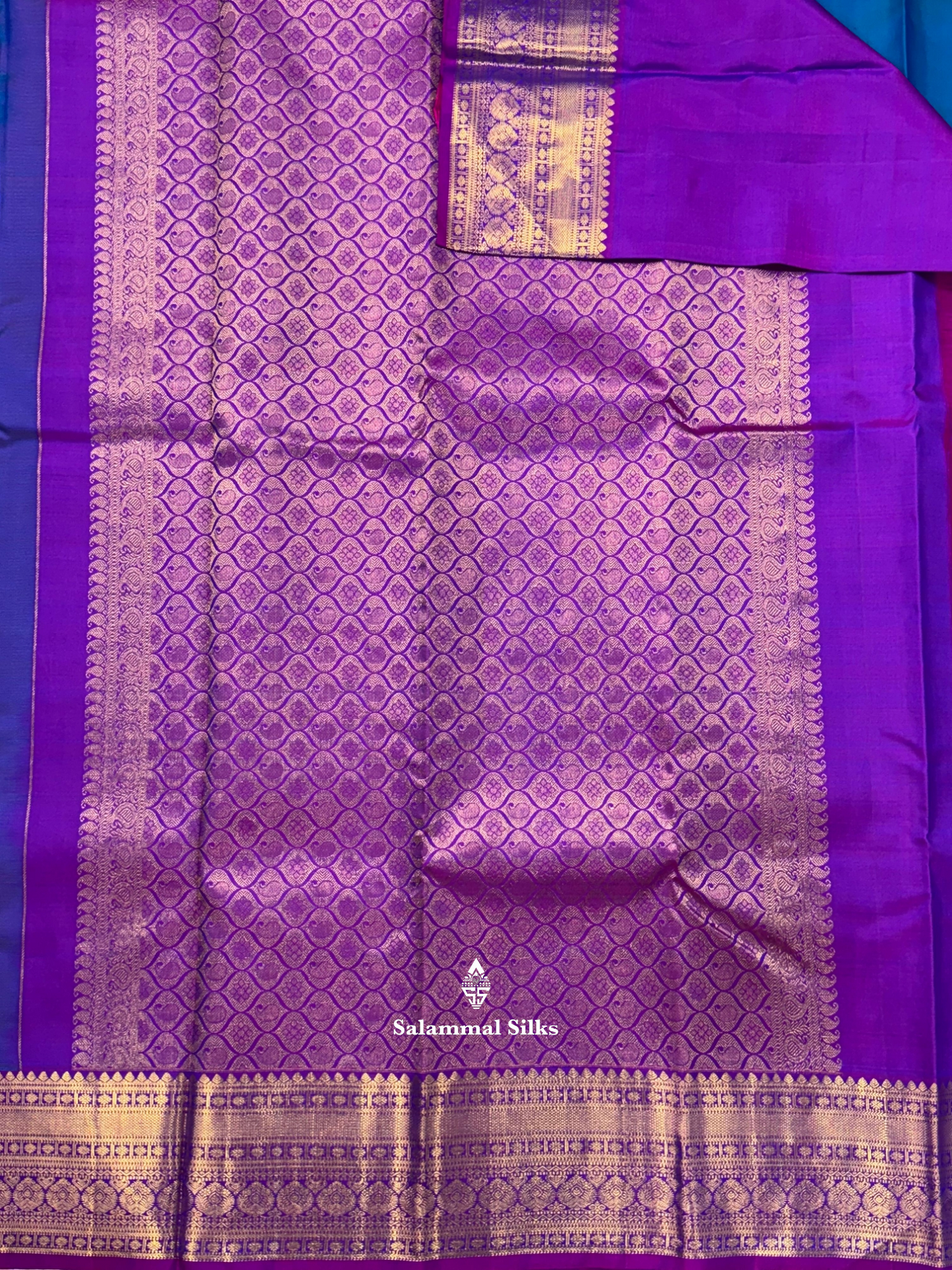 Kanjivaram Beautiful Peacock Blue Gold Zari Lines Pure Silk Saree With Vadamalli Border