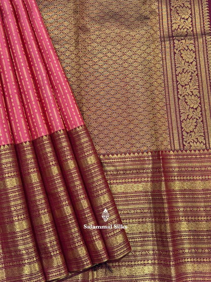 Kanjivaram Beautiful Pinkish Peach Pure Silk Saree With Maroon Long Border