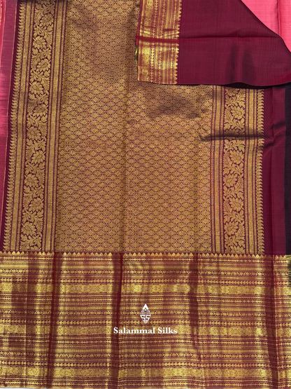 Kanjivaram Beautiful Pinkish Peach Pure Silk Saree With Maroon Long Border