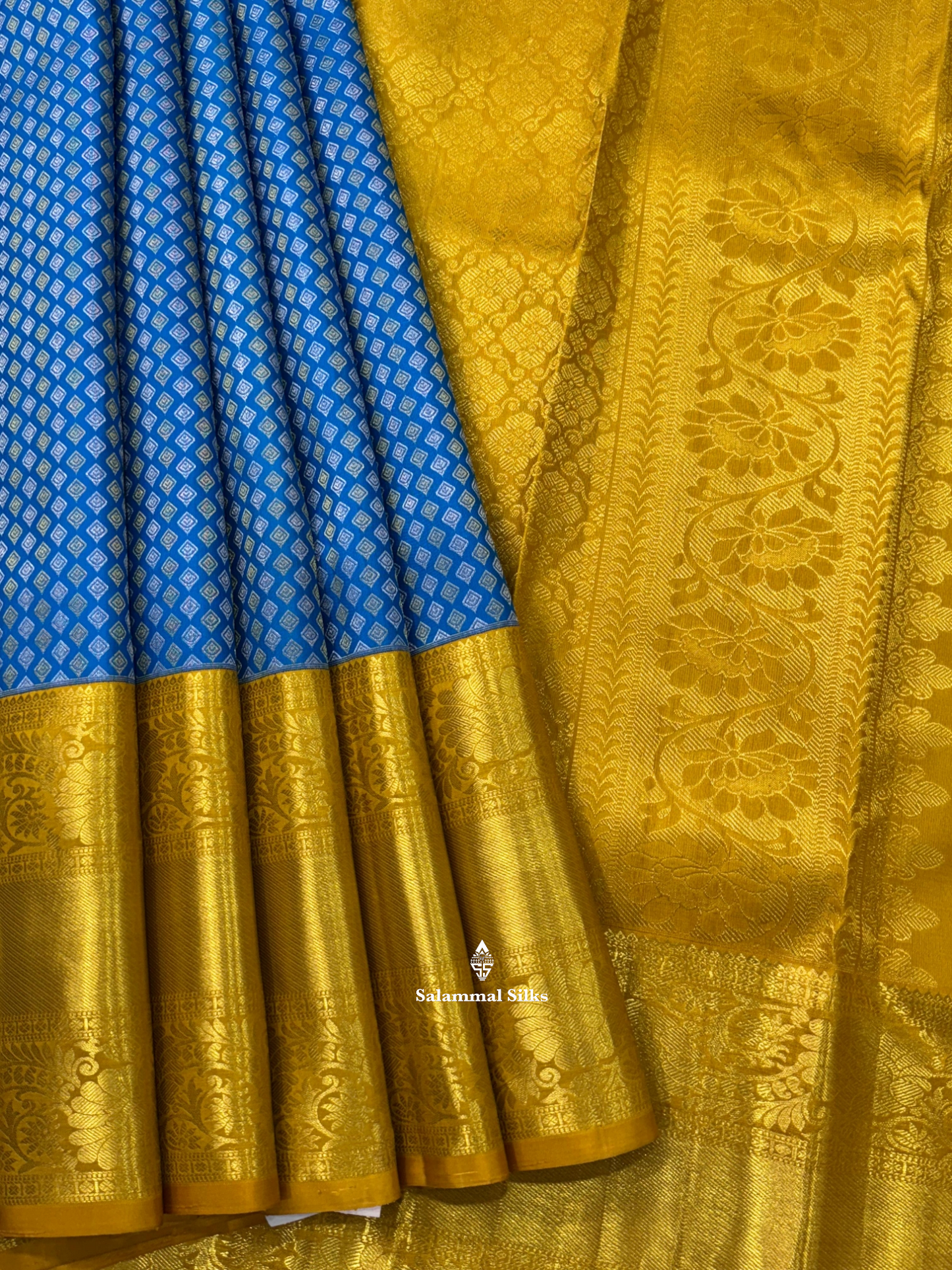 Kanjivaram Beautiful Ramar Blue Gold And Silver Daimond Buttas Pure Silk Saree With Mustard Yellow Border