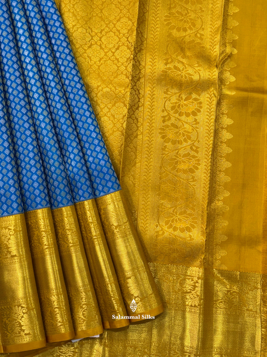 Kanjivaram Beautiful Ramar Blue Gold And Silver Daimond Buttas Pure Silk Saree With Mustard Yellow Border