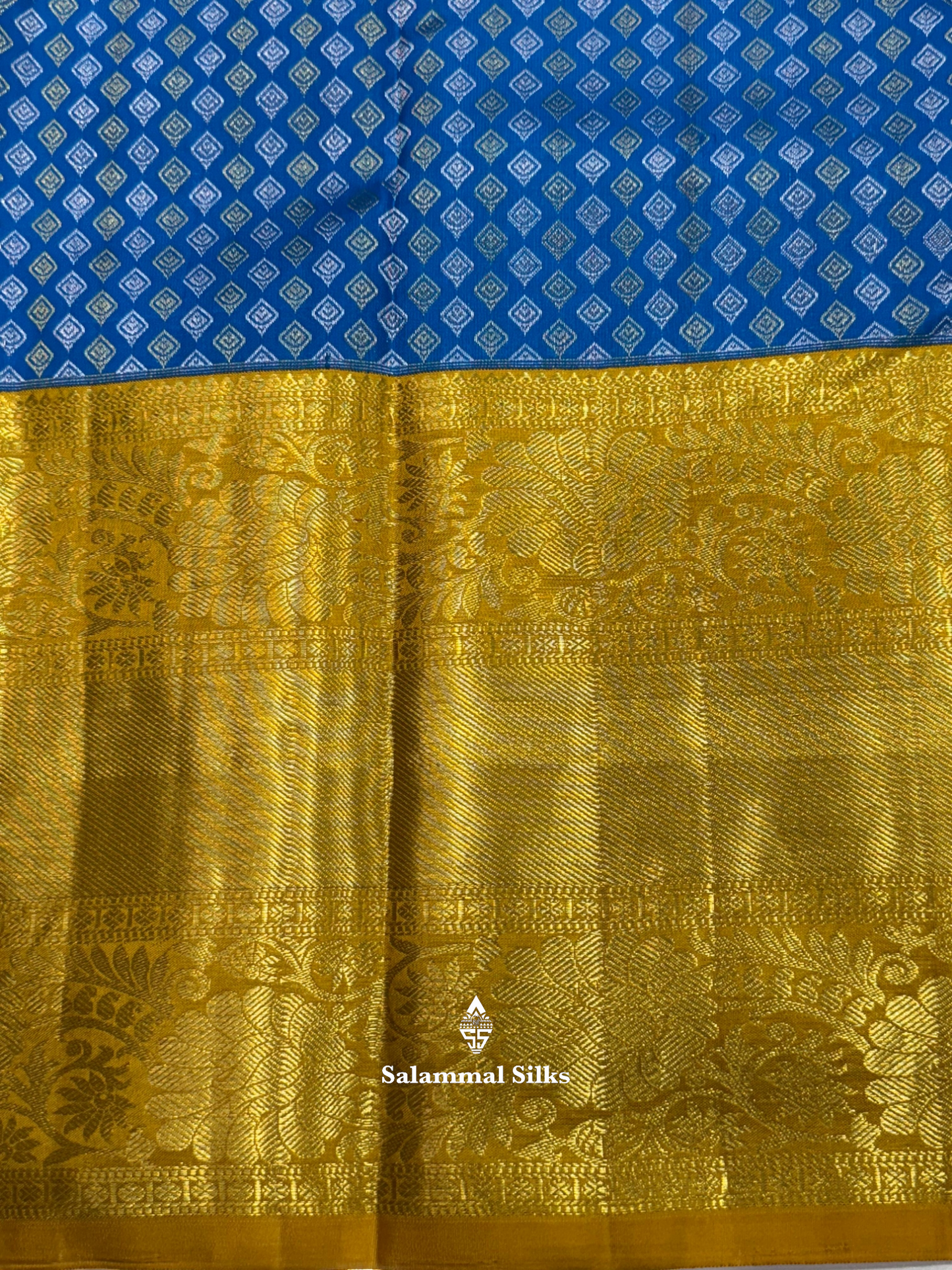 Kanjivaram Beautiful Ramar Blue Gold And Silver Daimond Buttas Pure Silk Saree With Mustard Yellow Border