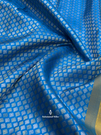 Kanjivaram Beautiful Ramar Blue Gold And Silver Daimond Buttas Pure Silk Saree With Mustard Yellow Border