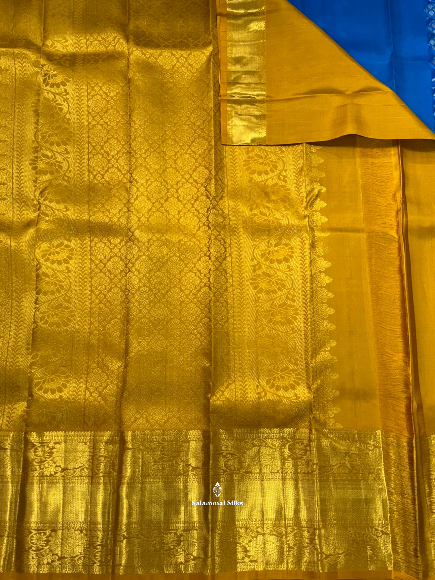 Kanjivaram Beautiful Ramar Blue Gold And Silver Daimond Buttas Pure Silk Saree With Mustard Yellow Border