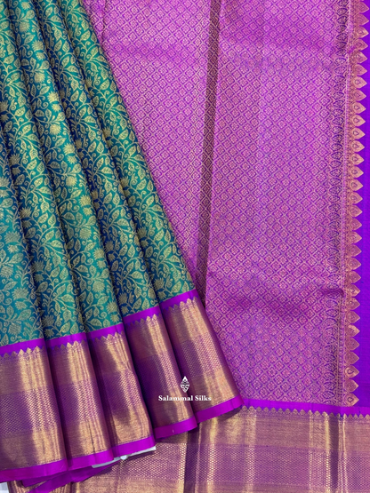 Kanjivaram Peacock Green Super Wedding Pure Silk Saree With Magenta Rose Border