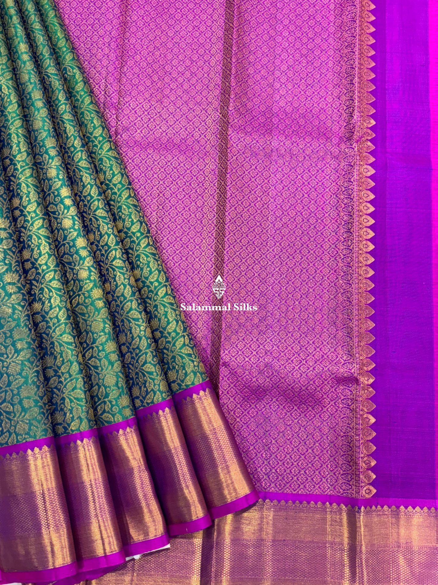 Kanjivaram Peacock Green Super Wedding Pure Silk Saree With Magenta Rose Border