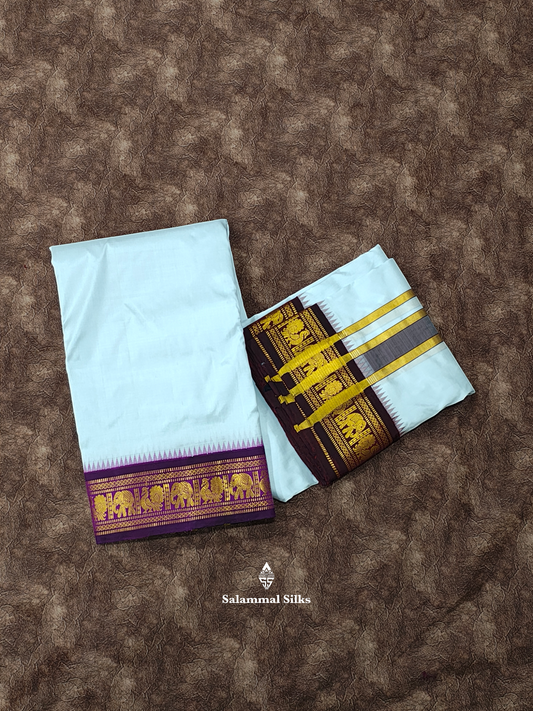 Kanjivaram White Traditional Pure Silk Dhoti, Angavastram with Kanga Jamuna Border