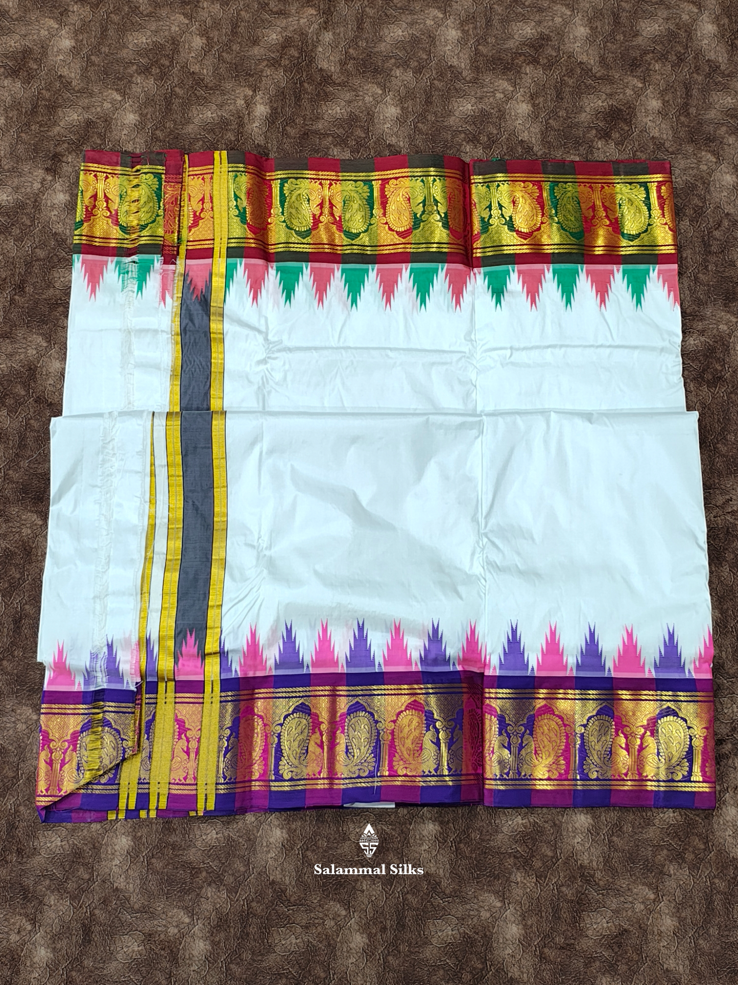 Kanjivaram White Traditional Pure Silk Dhoti, Angavastram with Kanga Jamuna Border