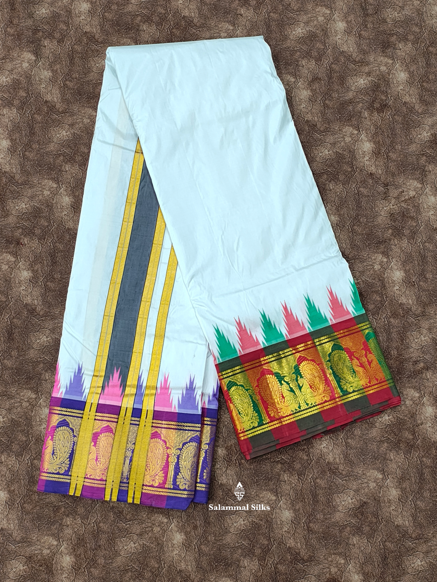 Kanjivaram White Traditional Pure Silk Dhoti, Angavastram with Kanga Jamuna Border