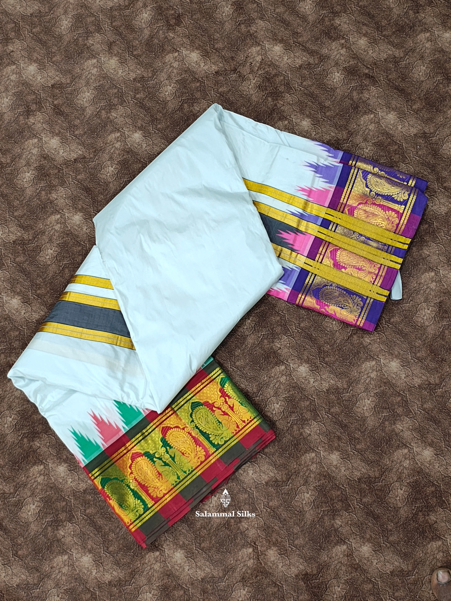 Kanjivaram White Traditional Pure Silk Dhoti, Angavastram with Kanga Jamuna Border