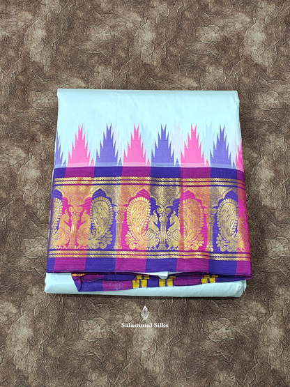 Kanjivaram White Traditional Pure Silk Dhoti, Angavastram with Kanga Jamuna Border