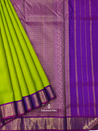 Kanjivaram Beautiful Parrot Green 9Yards Pure Silk Saree With 5inch Violet Border