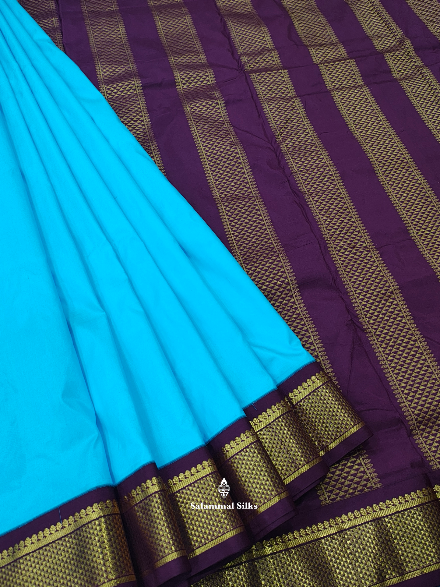 Kanjivaram Beautiful Light Ramar Blue 9Yards Pure Silk Saree With 5inch Maroon Border