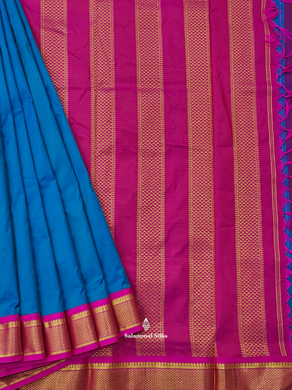 Kanjivaram Beautiful Peacock Blue 9Yards Pure Silk Saree With 5inch Magenta Rose Border