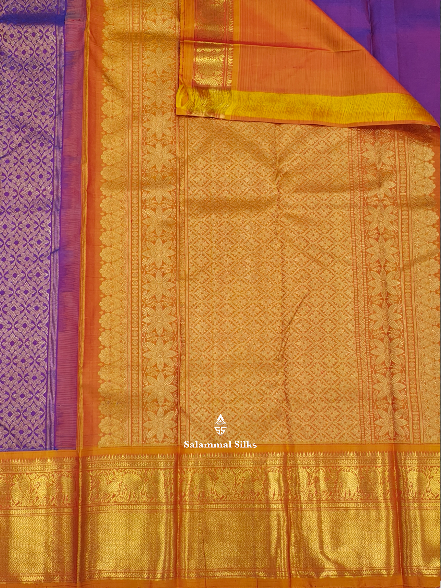 Kanjivaram Violet Grand Wedding Pure Silk Saree With Mustard Yellow Border