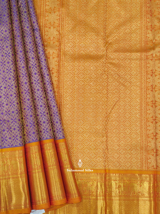 Kanjivaram Violet Grand Wedding Pure Silk Saree With Mustard Yellow Border