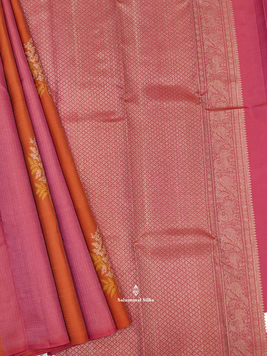 Kanjivaram Pinkish Orange Zari Stripes Fancy Pure Silk Saree With Blouse