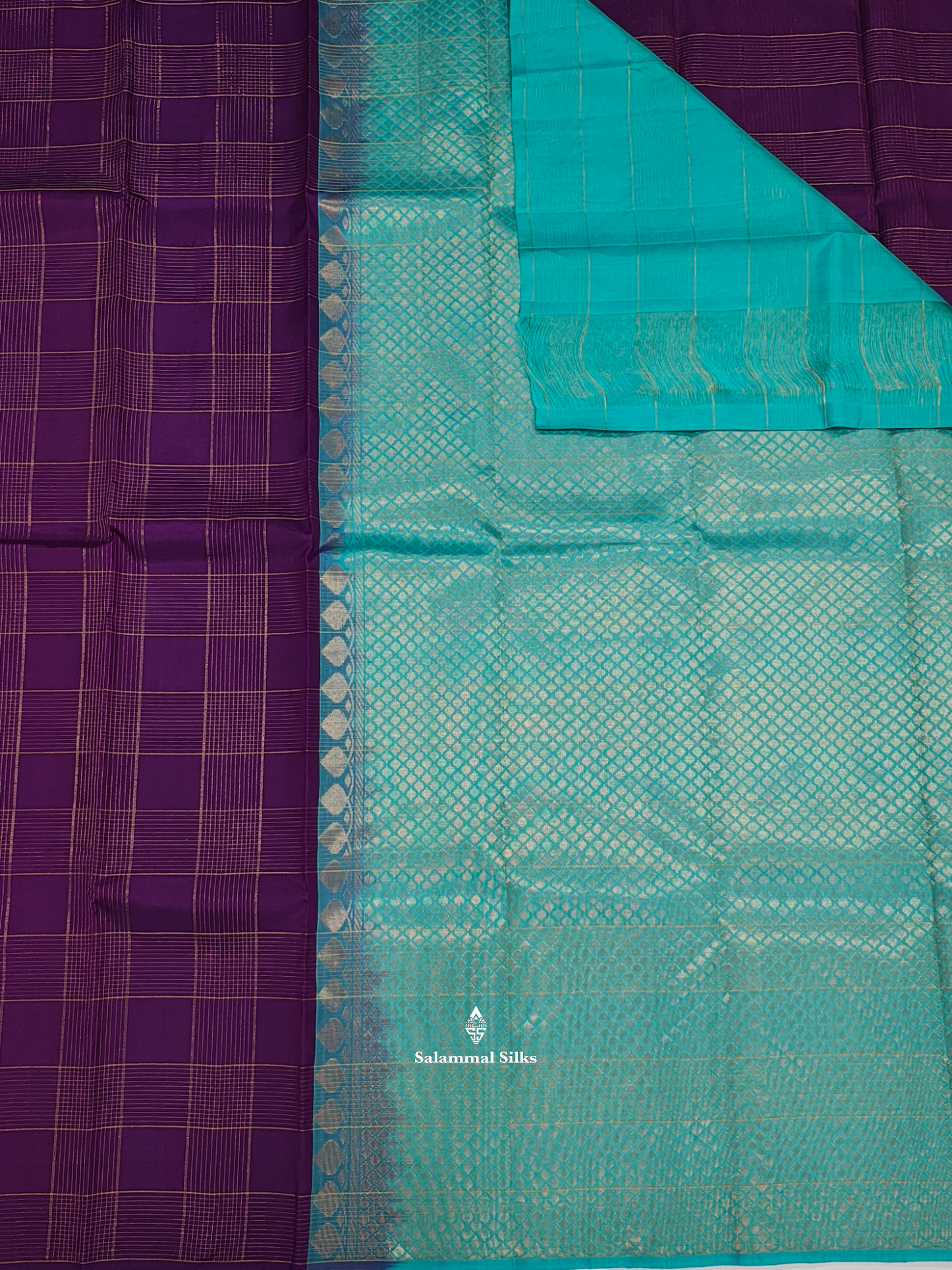 Kanjivaram Violet Zari Checks Pure Silk Saree With Ice Blue Blouse