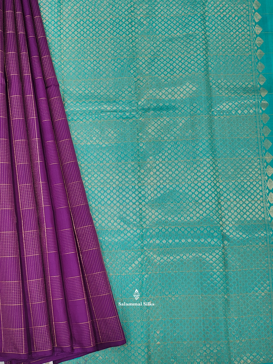 Kanjivaram Violet Zari Checks Pure Silk Saree With Ice Blue Blouse