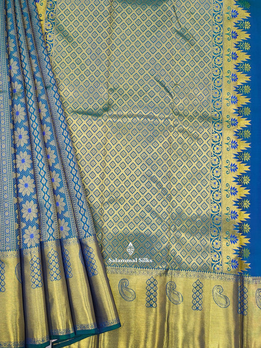 Kanjivaram Beautiful Ramar Blue Pure Silk Saree With Gold Zari Border