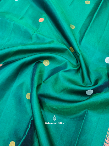 Kanjivaram Beautiful Bottle Green Thread Work Buttas Pure Silk Saree With Thread Work Border