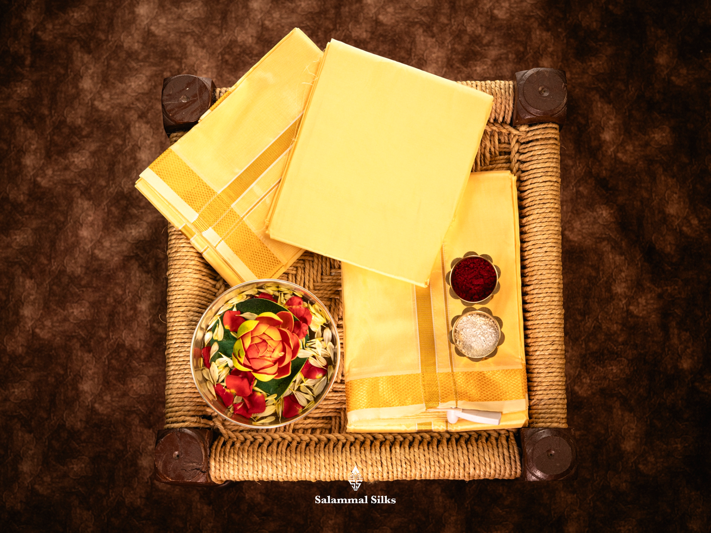 Sandal Semi Silk Dhoti, Angavastram & Shirt (2.50M) with Gold Zari Border