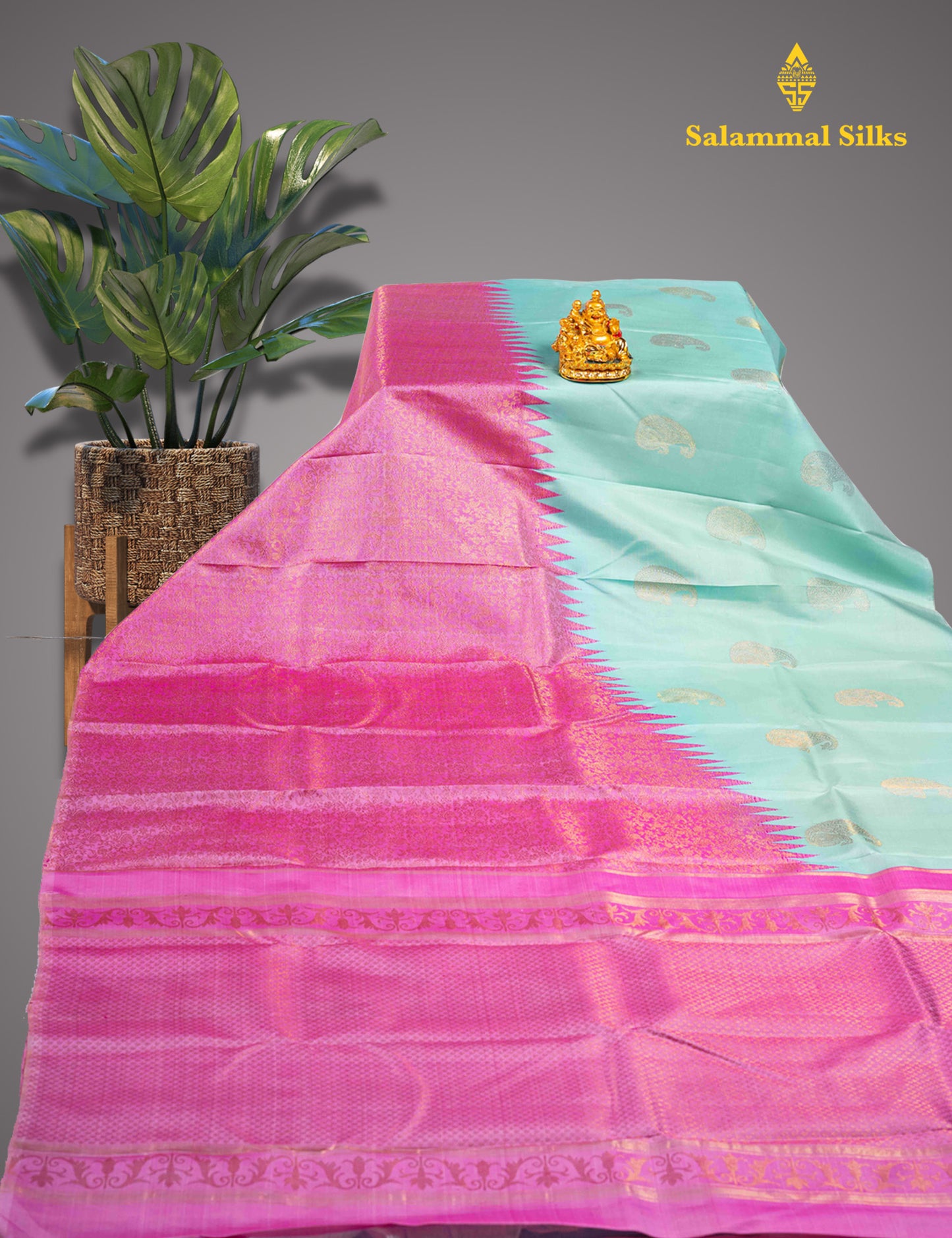 Kanjivaram Fancy Silk Saree Light Anantha Green  With Pink Blouse