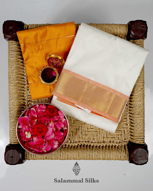 Off White Pure Silk Dhoti, Angavastram & Shirt (2.50M) with Orange Border