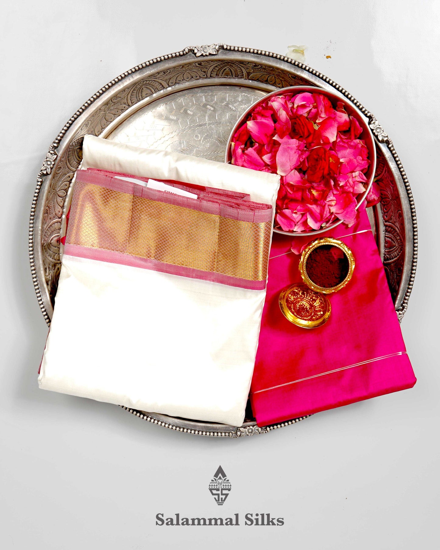 Off White Pure Silk Dhoti, Angavastram & Shirt (2.50M) with Pink Border