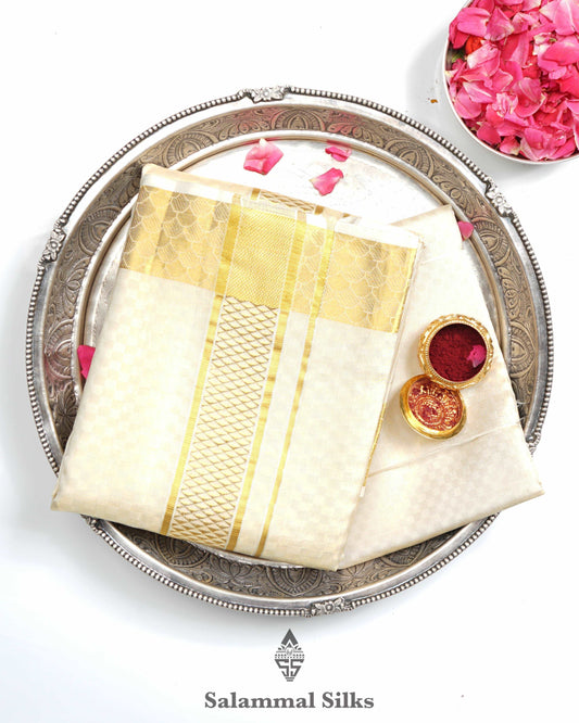 Gold Pure Silk Dhoti, Angavastram & Shirt (2.50M) with Gold Zari Border