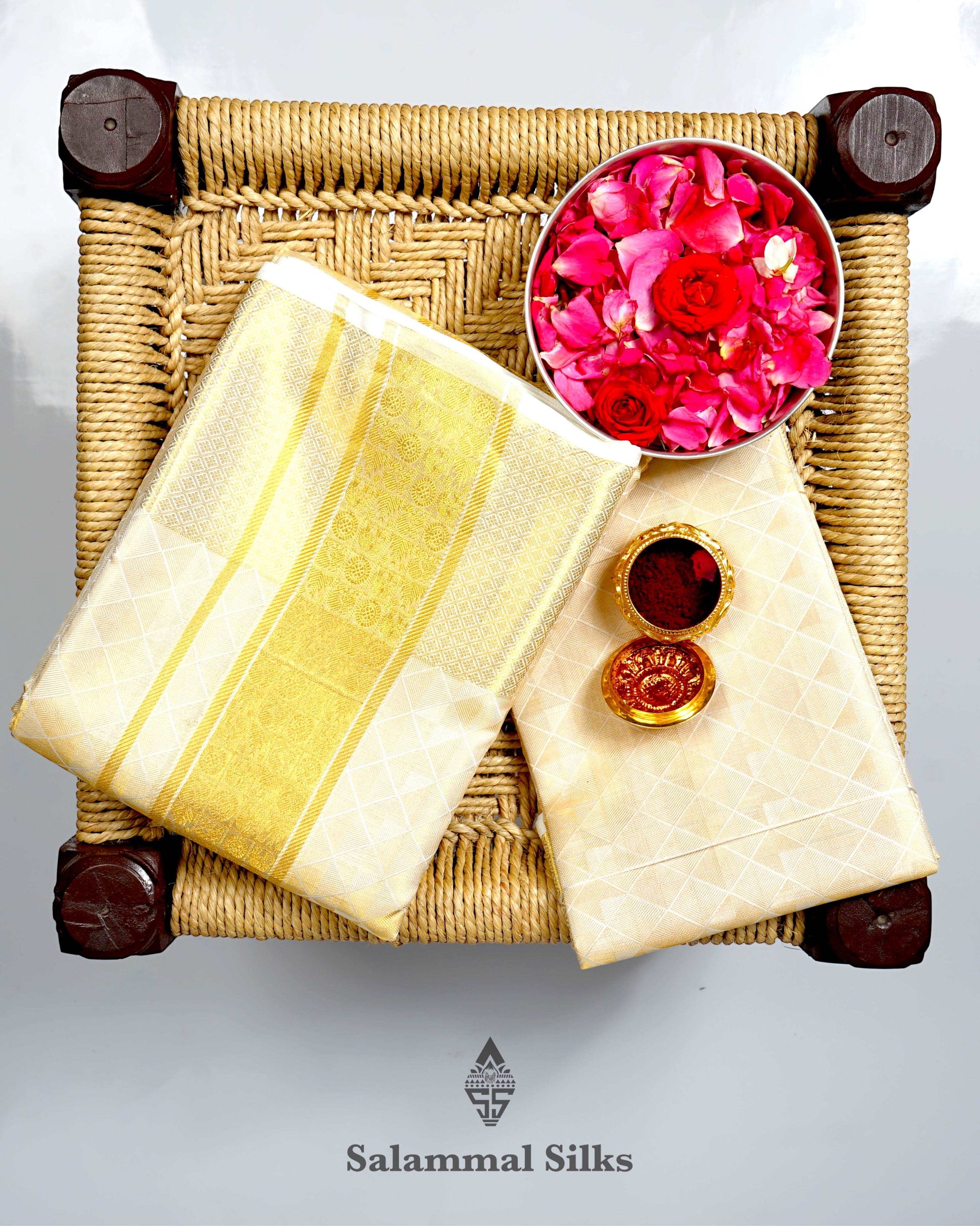 Gold Pure Silk Dhoti, Angavastram & Shirt (2.50M) with Gold Zari Border