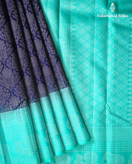 Navy Blue Silk Saree With Green Teal Border