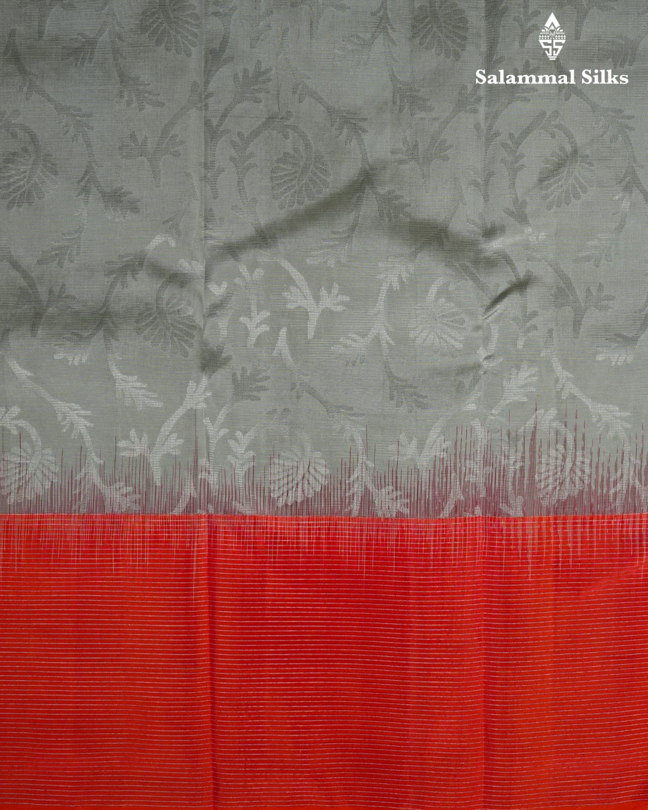 Steel Grey Silk Saree With Pinkish Orange Border