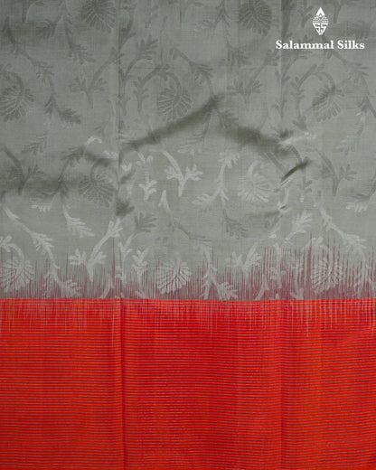 Steel Grey Silk Saree With Pinkish Orange Border