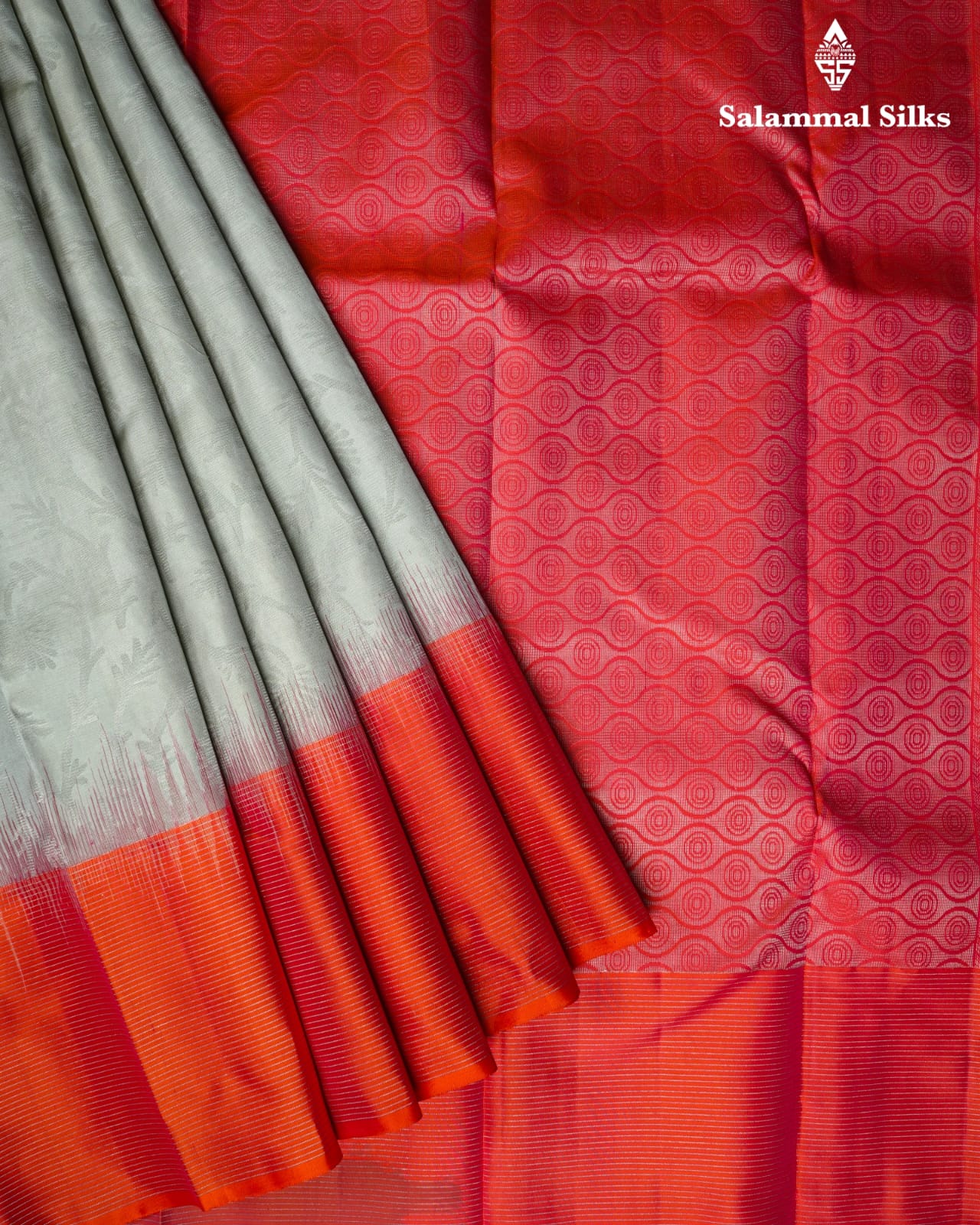 Steel Grey Silk Saree With Pinkish Orange Border