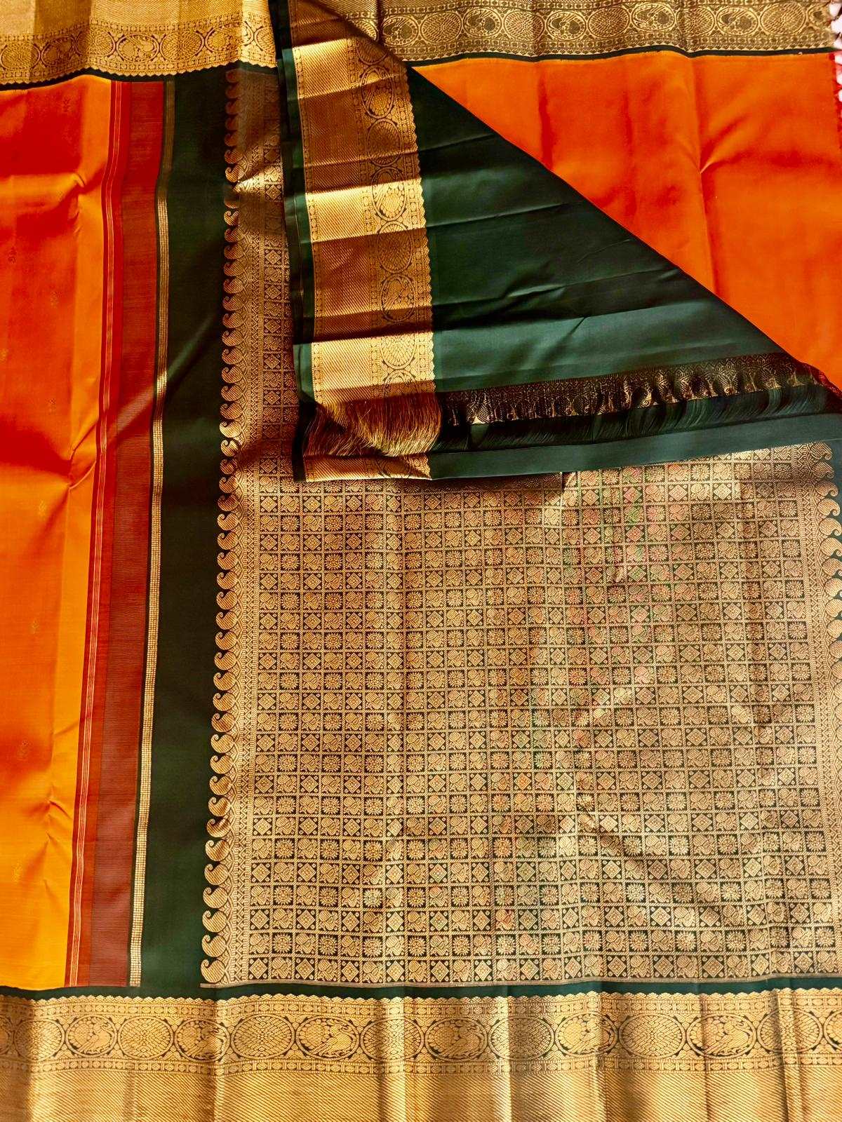 Mango Yellow Silk Saree with Bottle Green Border