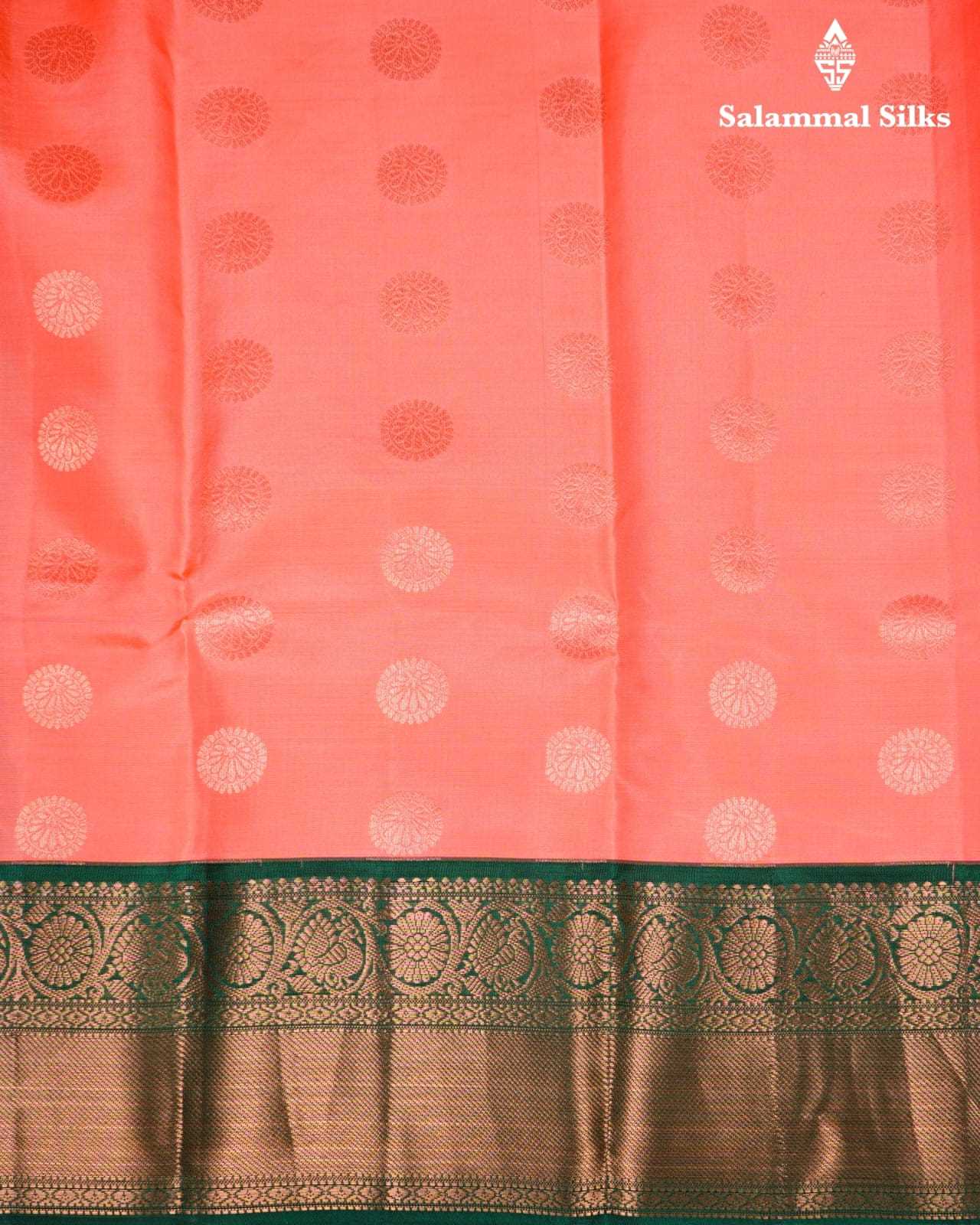 Peach Pure Silk Saree With Bottle Green Border