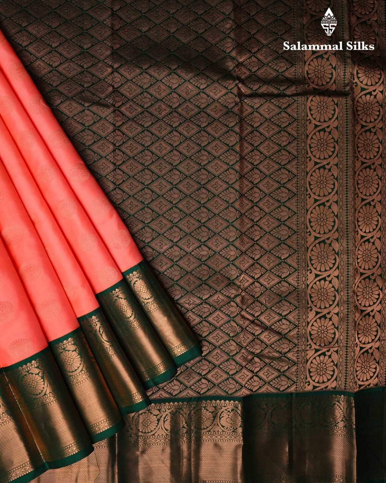 Peach Pure Silk Saree With Bottle Green Border