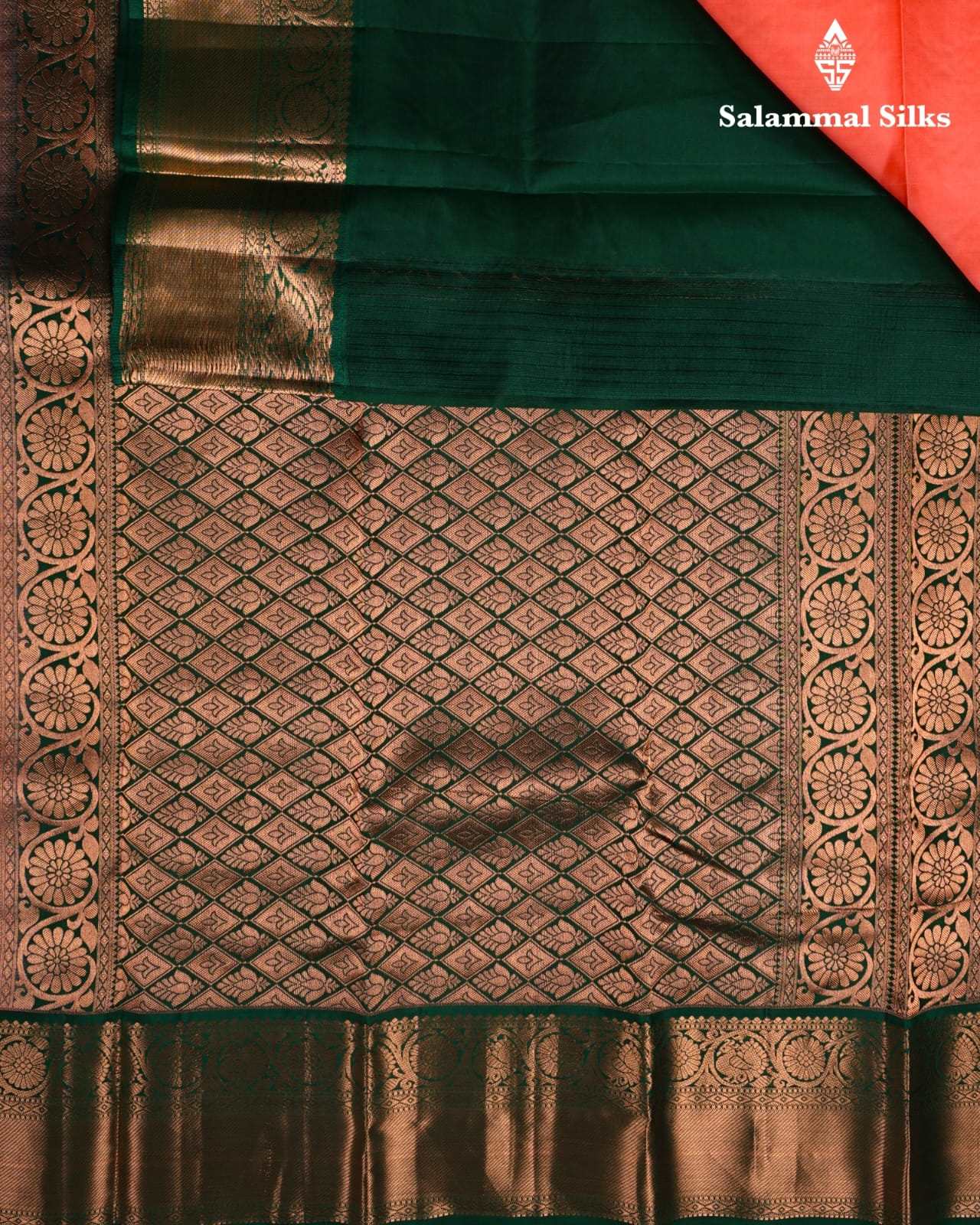 Peach Pure Silk Saree With Bottle Green Border