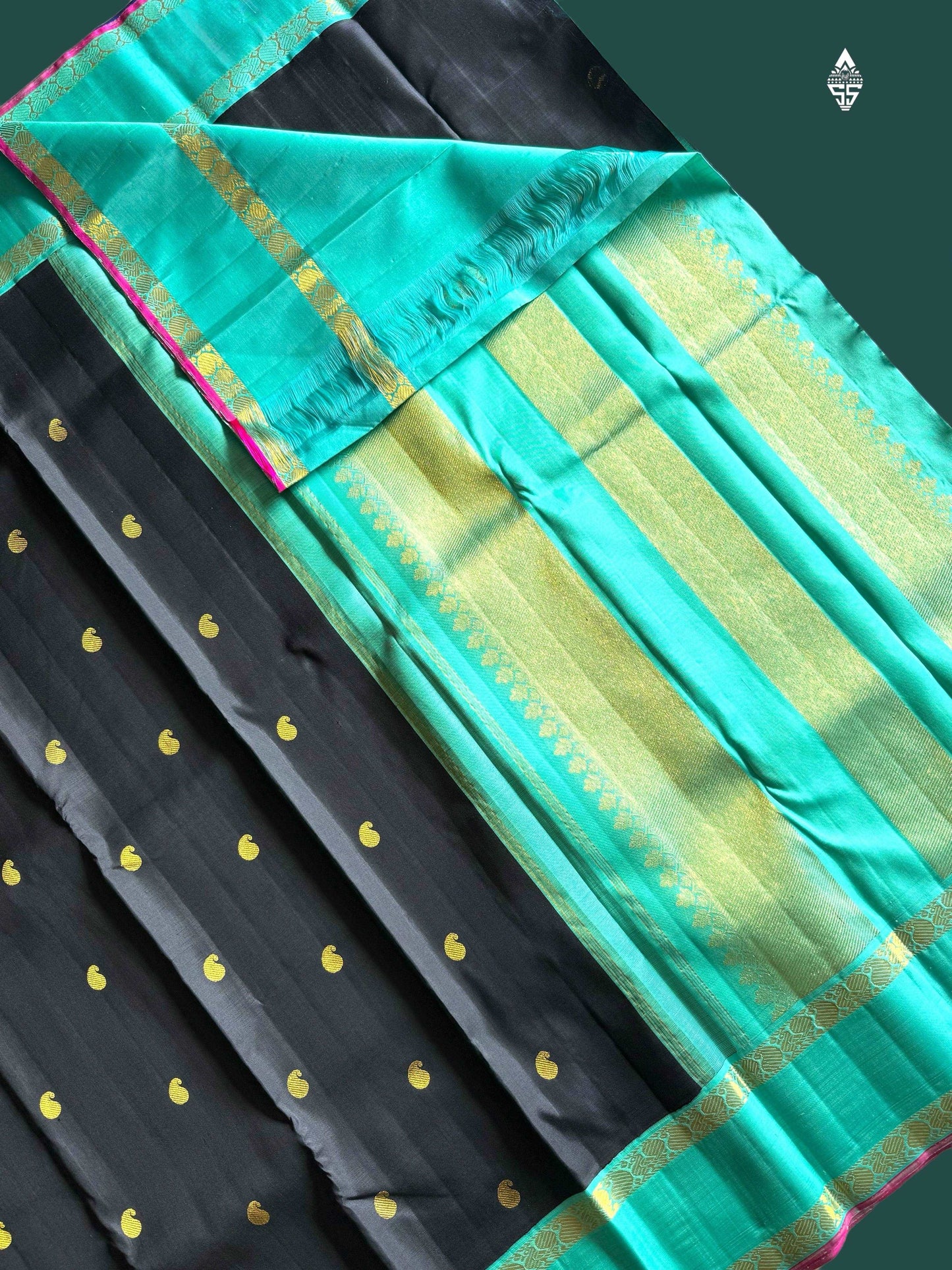 Black Silk Saree with Teal Border