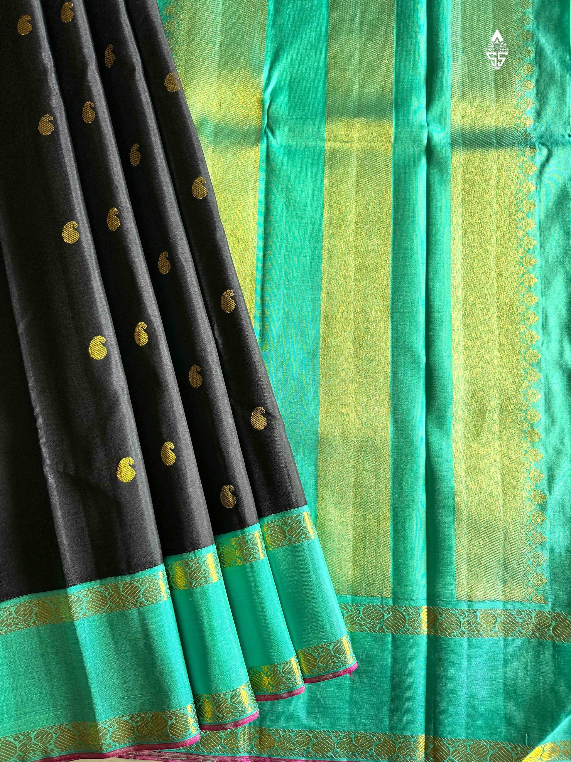 Black Silk Saree with Teal Border