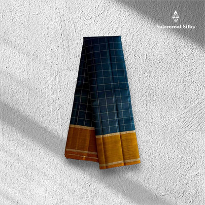 Dark Navy Blue Checks Silk Saree with  Dark Mustard Border