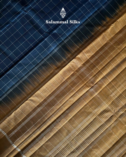 Dark Navy Blue Checks Silk Saree with  Dark Mustard Border