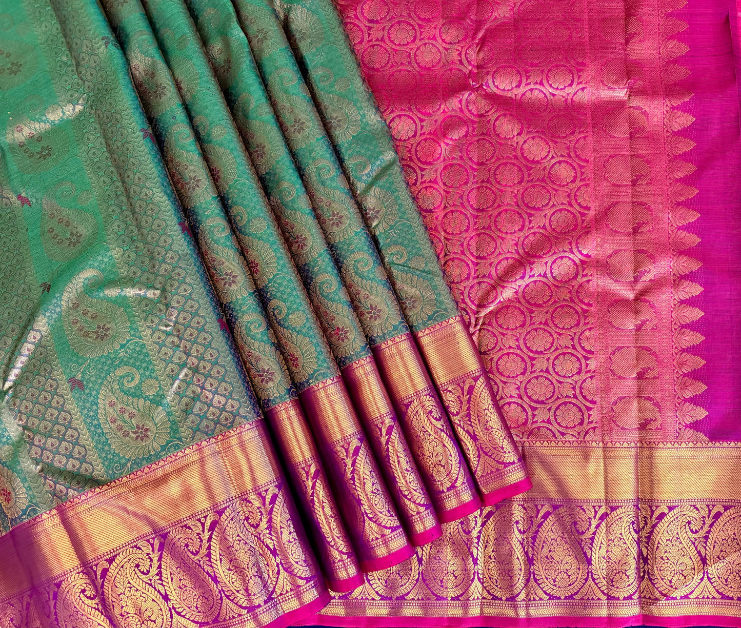 Sapphire Green Silk Saree with Pink Border