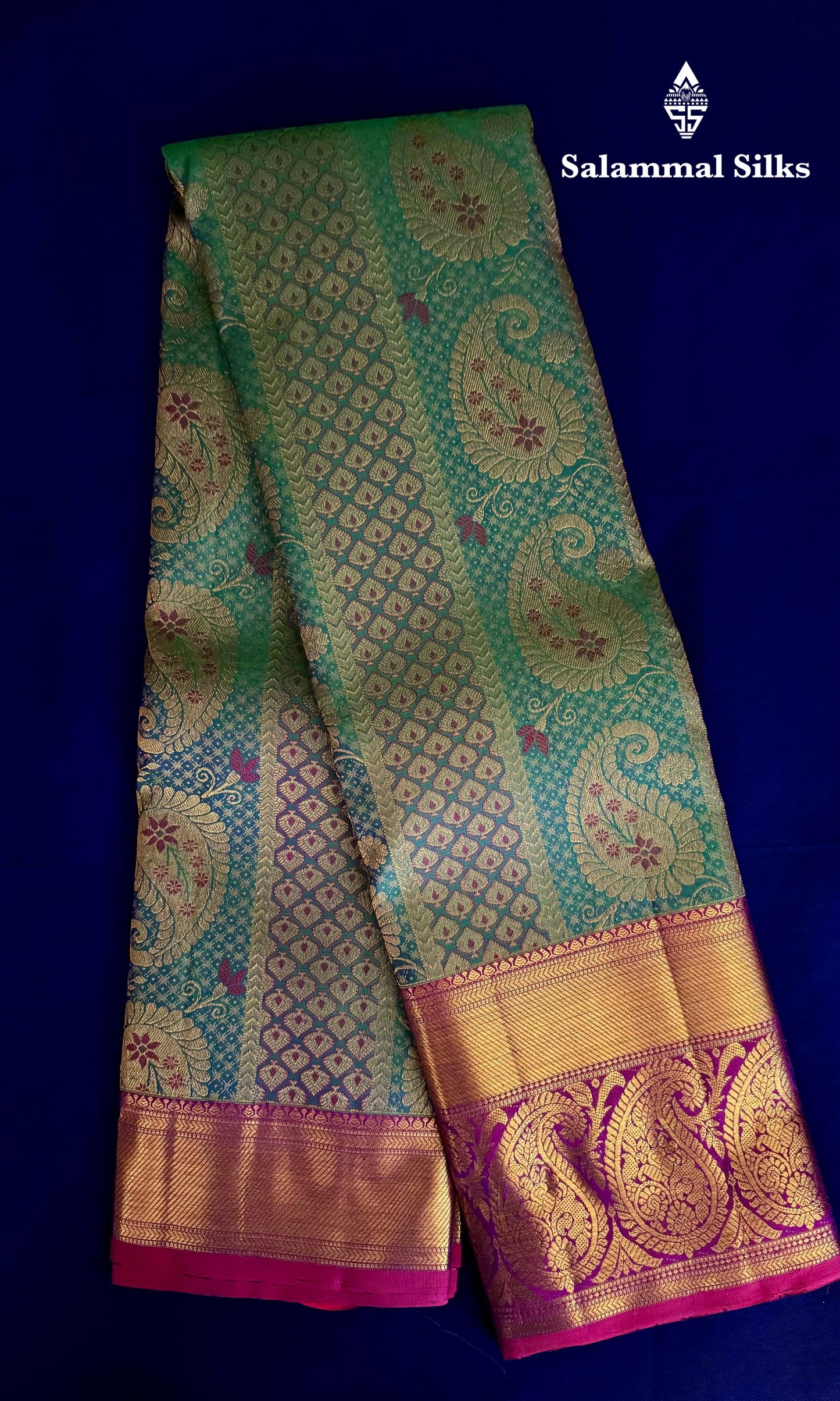 Sapphire Green Silk Saree with Pink Border