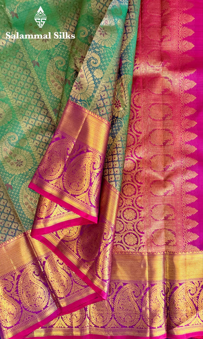 Sapphire Green Silk Saree with Pink Border